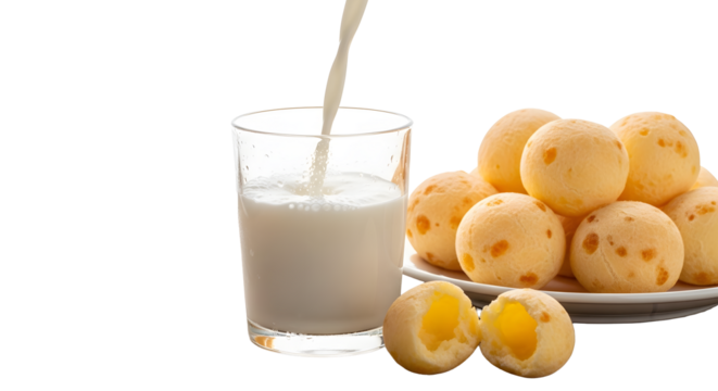 Glass of milk with cheese bread isolated on transparent background - Powered by Adobe