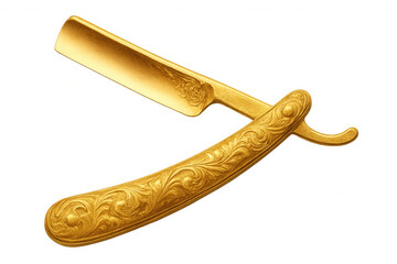 Vintage gold straight razor featuring intricate floral engravings, symbolizing classic barbering craftsmanship against transparent backdrop