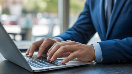 Professional man typing on laptop keyboard in bright office for business growth