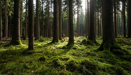 Fototapeta premium Sunlight filters through a dense forest, illuminating a carpet of vibrant moss at the base of towering trees.