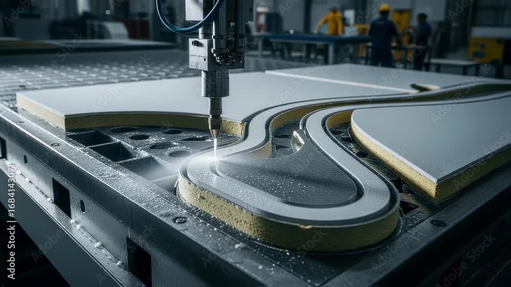 Poster detail of cutting path on reusable insulation tiles as a waterjet nozzle glides through producing sm
