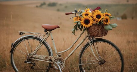 Camera dollying in on vintage bicycle in rural meadow, showing wicker basket of sunflowers - Powered by Adobe