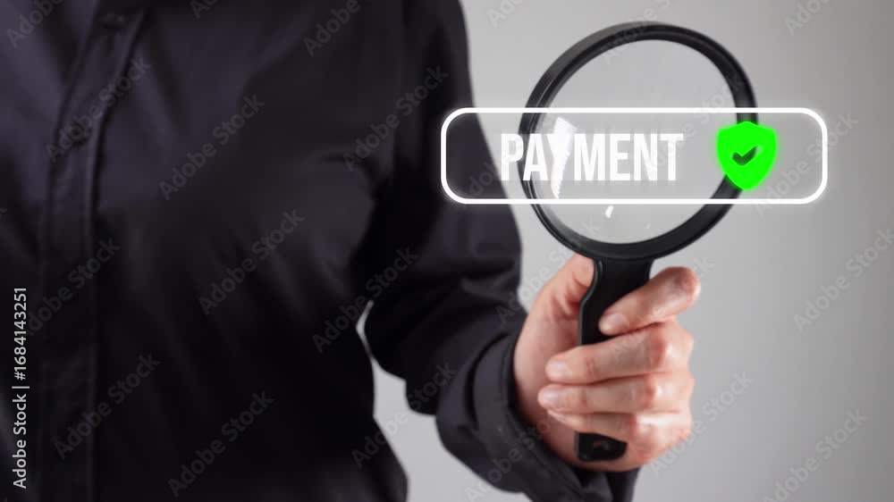 Aufkleber secure payment analysis. person with a magnifying glass analyzing an animation of a button with the 