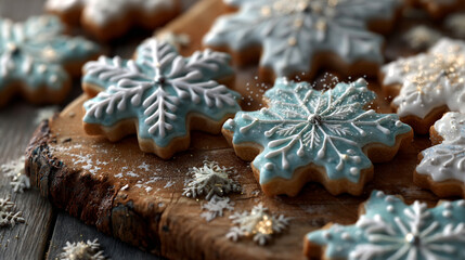 Realistic Photography Prompts of Snowflake Christmas Cookies on Wooden Board, Generative AI
