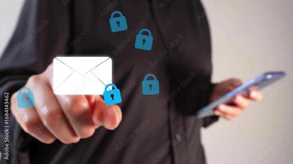 Aufkleber email security. person pointing at an animation of an envelope with several padlocks around it.