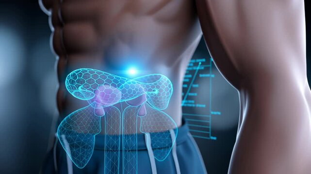 Advanced medical hologram technology visualizing male body anatomy for prostate cancer awareness. futuristic concept showing disease for improved health diagnosis