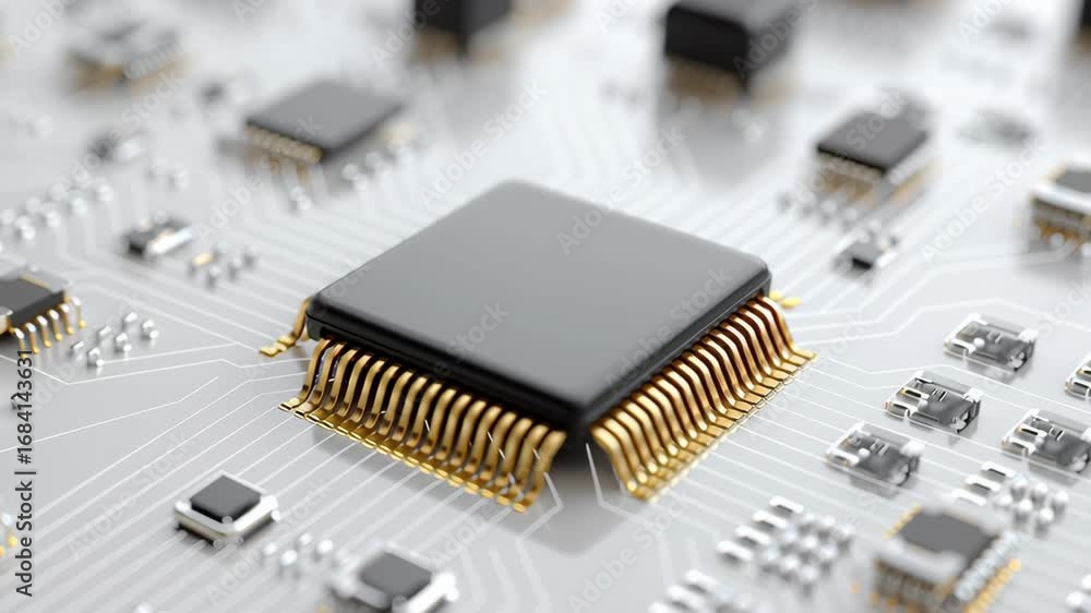 Aufkleber macro view of processor microchip on circuit board, detailing complex hardware at center of global s
