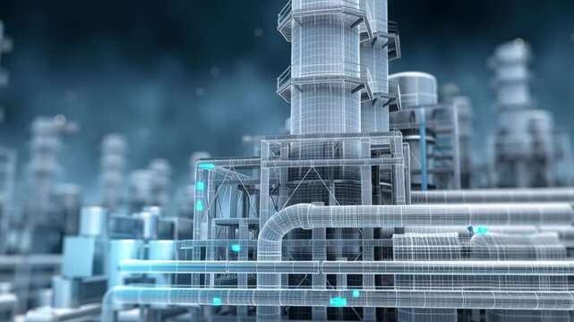 Futuristic industrial plant blueprint of digital factory solving semiconductor chip shortage. complex wireframe showing advanced manufacturing technology architecture