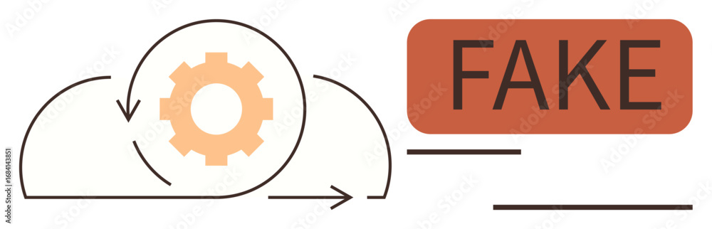 Poster gear inside circular arrows representing data processing next to large text label fake. ideal for da