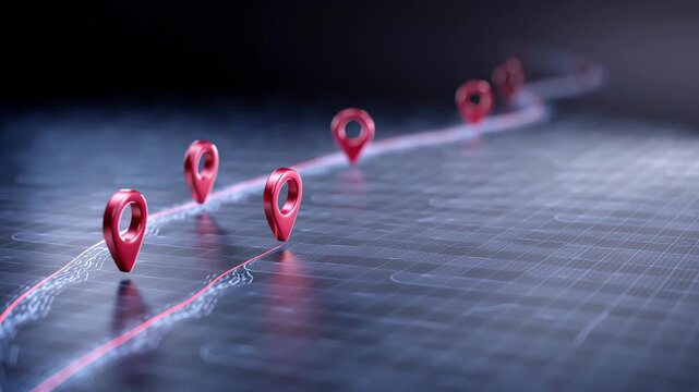Strategic technology roadmap for business venture showing glowing path on digital map. journeys direction is guided by map pin, navigating flow of capital