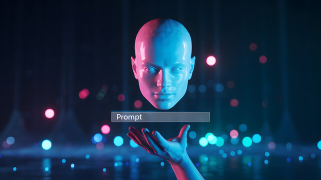 AI prompt interaction futuristic technology human head glowing neon lights - Powered by Adobe