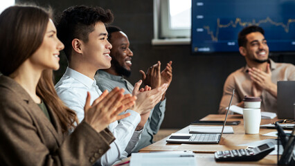 Presentation And Corporate Conference. Portrait Of Smiling Multicutural Diverse People Sitting At...