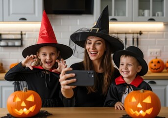 Mother and two children in witch hats and costumes taking a selfie with a smartphone on halloween, surrounded by pumpkins