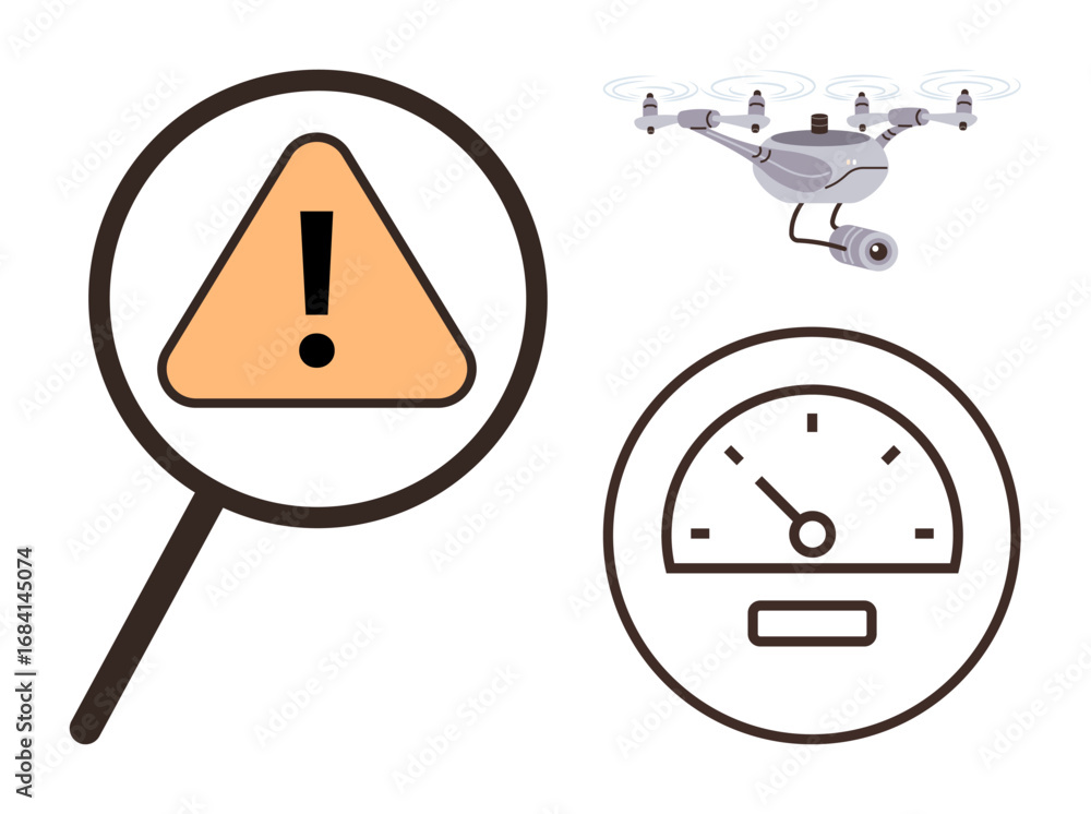 Poster quadcopter monitoring areas, magnified alert triangle with exclamation mark, speed gauge for control