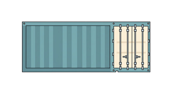 Illustration of the interior and exterior of a standardized shipping container showing its corrugated walls and double doors	