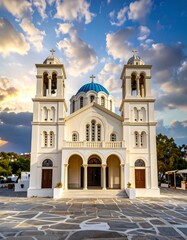 Fototapeta premium A beautiful white church with a vibrant blue dome stands on a paved courtyard under a dramatic sky filled with clouds at sunset.