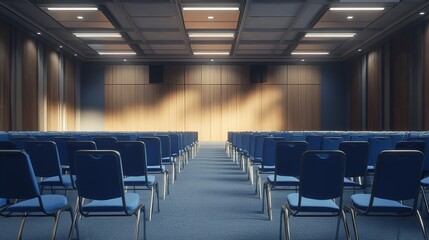 Rear View of an Empty Conference Hall with Neatly Arranged blue Chairs, Ready for a Large Event or Meeting