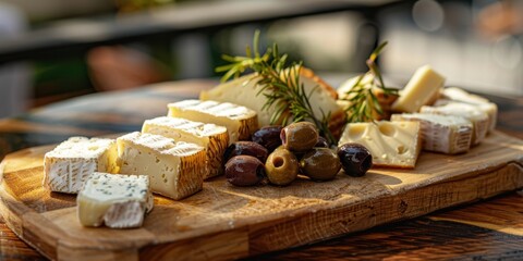 Goat Cheese Board Olives Wood Board Mediterranean