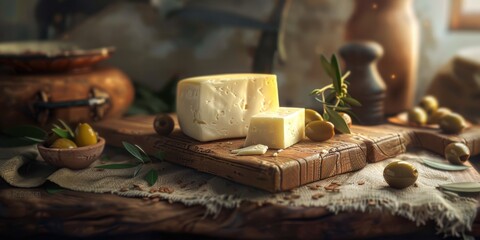 Goat Cheese Board Olives Wood Board Mediterranean