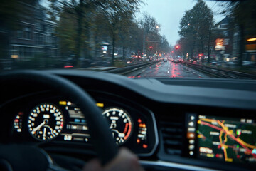From the driver’s seat, this moody scene captures a rainy city street at night with dashboard lights glowing and wet reflections painting the road ahead, in soft blue and amber tones.