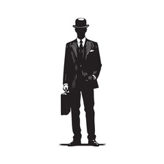 Black silhouette of a man in a suit and bowler hat holding a briefcase black and white