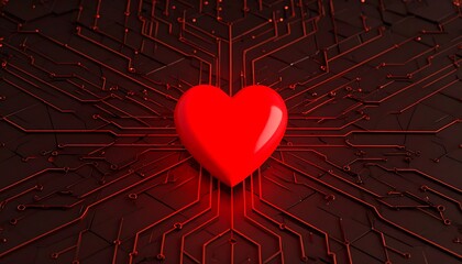 Red heart on a dark circuit board