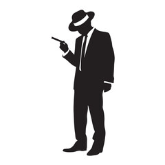 Black silhouette of a man in a fedora and suit holding a cigarette black and white