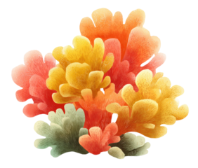A vibrant cluster of coral-like flora, in shades of orange, peach, yellow, and muted green, with soft, feathery textures