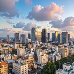 City skyline at sunset