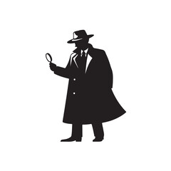 Silhouette of a detective in a trench coat and fedora hat holding a magnifying glass vector
