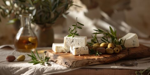 Goat Cheese Board Olives Wood Board Mediterranean