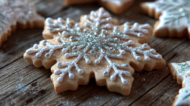 Realistic Photography Prompts of Snowflake Christmas Cookies on Wooden Board, Generative AI
