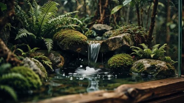 Serene miniature ecosystem in a glass paludarium featuring a cascading waterfall, lush ferns, and moss-covered stones