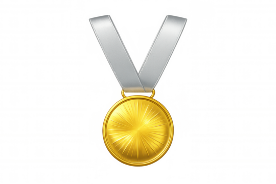 Gold medal dangling from white ribbon, symbolizing athletic success, positioned against transparent backdrop