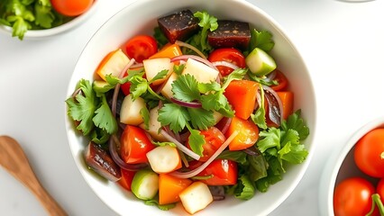 Fresh vegetable salad in a white bowl, captured from above with natural lighting and a clean kitchen backdrop.