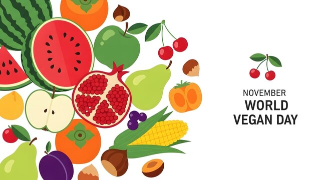 World Vegan Day Illustration with Fruits and Vegetables - Powered by Adobe