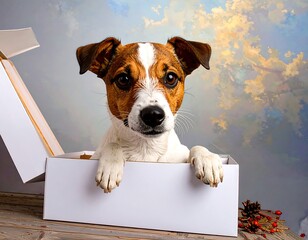 Dog in a box, curious look