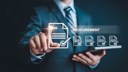 Professional businessman managing procurement process with digital document icons