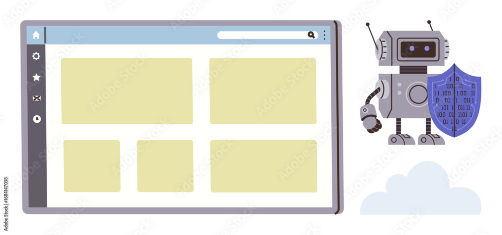 Aufkleber robot holding shield next to website browser with blank tiles and search bar. ideal for cybersecurit