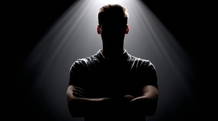 A silhouette in dim light with a faint glow, creating a mysterious and atmospheric mood.