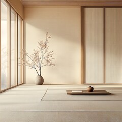 A serene interior scene featuring a small potted plant beside large windows, casting natural light and shadows on a minimalist wooden floor.