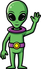 Obraz premium friendly green alien waving hello cartoon illustration for kids