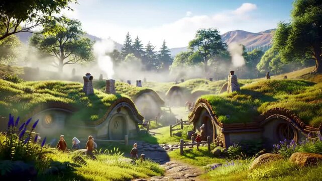 Idyllic fairytale village of charming earth-sheltered homes nestled in a sunlit valley with lush green rolling hills