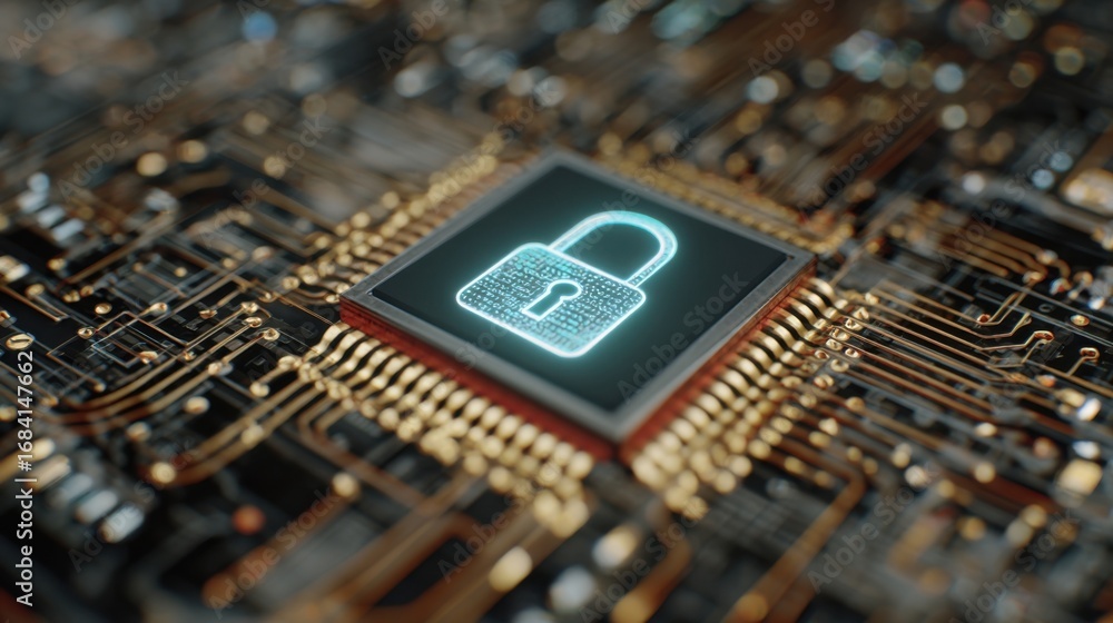 Poster a closeup of a digital lock symbol embedded on a silicon wafer signifying robust security measures i