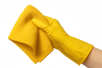 Hand with yellow rubber glove holding yellow microfiber cleaning cloth on transparent background, ready for cleaning and housework