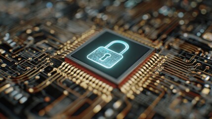 A closeup of a digital lock symbol embedded on a silicon wafer signifying robust security measures in place to protect sensitive information processed at edge devices.