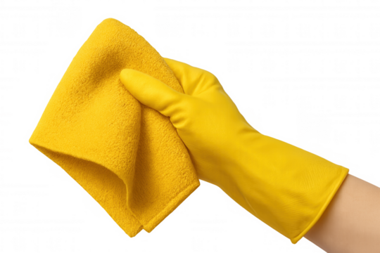 Hand with yellow rubber glove holding yellow microfiber cleaning cloth on transparent background, ready for cleaning and housework