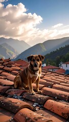 Dog on rooftop, mountainscape
