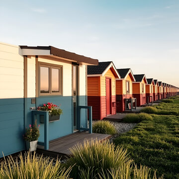 Row of rentable tiny homes along the dutch sea coast