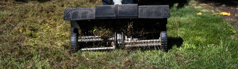Closeup of dethatching machine tossing up pieces of dead lawn thatch and moss, grass lawn care and...